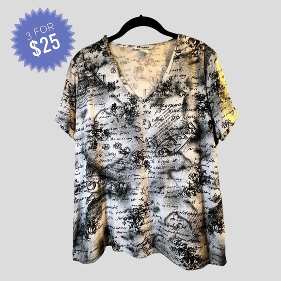 Sale Nygard Women's Blouse Size XL White Black V-neck Short Sleeves - Picture 1 of 13